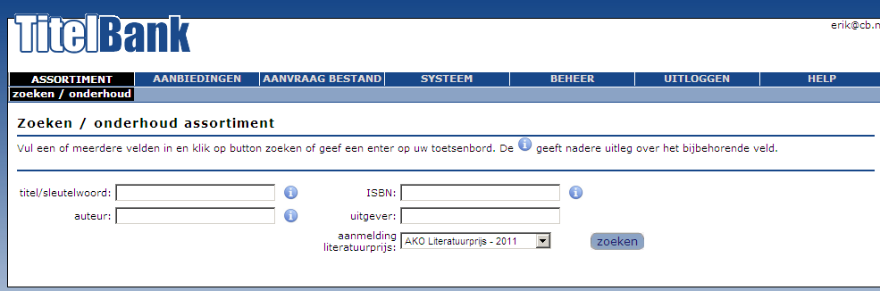 4.2 Assortiment Zoeken Als uitgever kunt u in Titelbank de titelgegevens van alle ISBN s die in Titelbank voorkomen raadplegen en u kunt de titelgegevens onderhouden van uw eigen titels en de titels