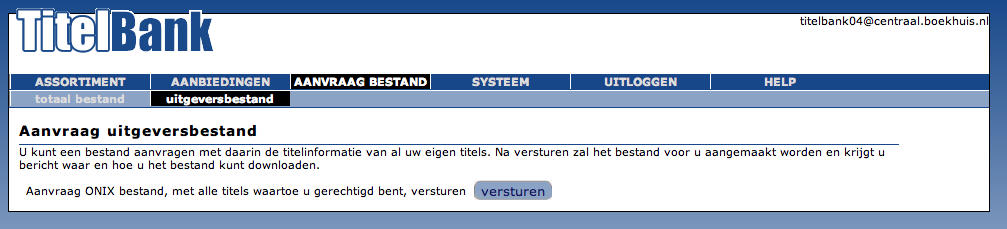 4.12 Aanvraag bestand Totaal bestand Het totaal bestand bevat alle beschikbare gegevens van alle in het ISBN register opgenomen titels vanaf 1970. Dit bestand wordt als een ONIX 3.