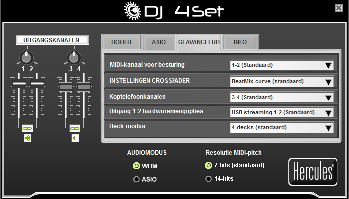 7.3.5. Geavanceerd-tab ENGLISH - Op deze tab kunt u het MIDI-kanaal voor besturing (standaard 1-2) wijzigen mocht er een conflict tussen de DJ 4Set en een ander MIDI-apparaat zijn.