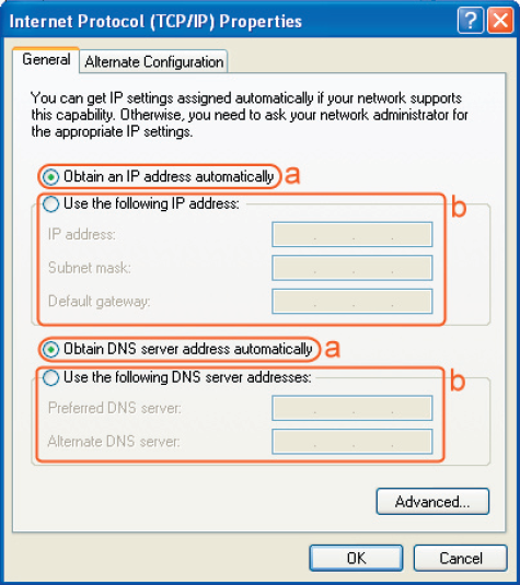 Selecteer [Internet Protocol (TCP/IP)] =>Klik op [Eigenschappen]. Selecteer de tab [Algemeen]. a.