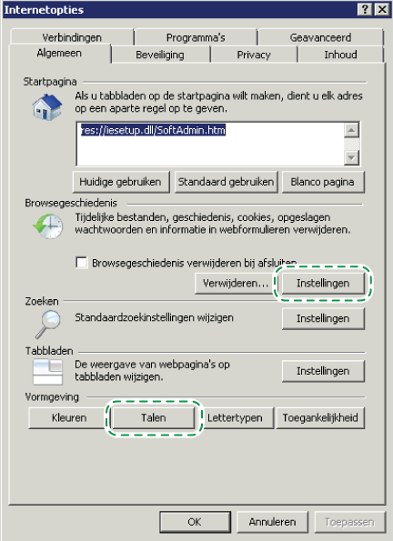 3 Na de installatie 3 2. Klik onder [Browsegeschiedenis] op [Instellingen]. Het dialoogvenster [Tijdelijke internetbestanden en Geschiedenis] wordt weergegeven. 3. Selecteer [Elke keer als ik de webpagina bezoek] onder [Wanneer moet er op nieuwe versies van pagina's worden gecontroleerd?