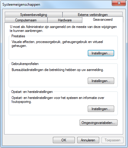 Het SchoonePC Boek - Windows 7 De knop Instellingen bij het onderdeel Prestaties opent het venster Instellingen voor prestaties.