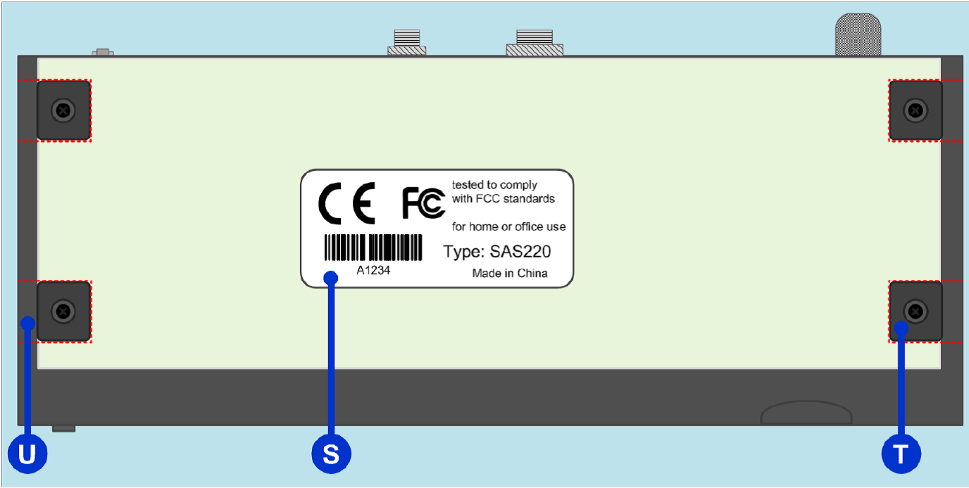 1.6 Onderaanzicht S sticker met product informatie U 4x chassis montage openingen T 4x rubberen voet Het unieke 5 cijfer getal