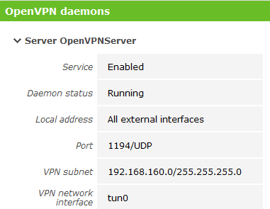 In het dashboard zou nu moeten te zien zijn dat de OpenVPN service draaiende is met daarbij de instellingen.