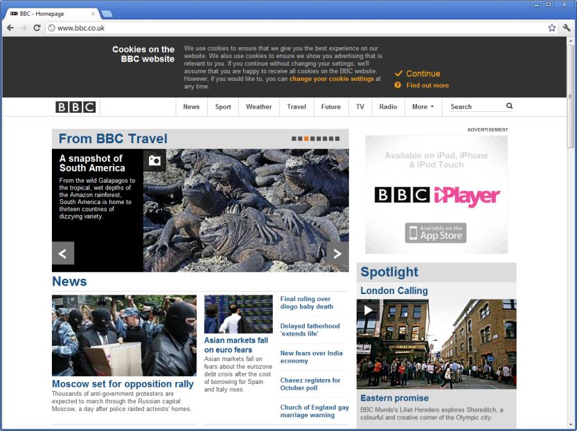 De BBC website toont (status: juni 2012) bij het eerste bezoek bovenin de pagina een opvallend informatieblok over cookies.