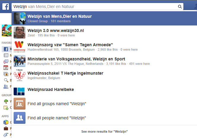 2. Zoekterm in zoekveld + see more results for Een tweede manier om groepen of pagina s te vinden op Facebook is de term typen in het zoekvenster, en onderaan