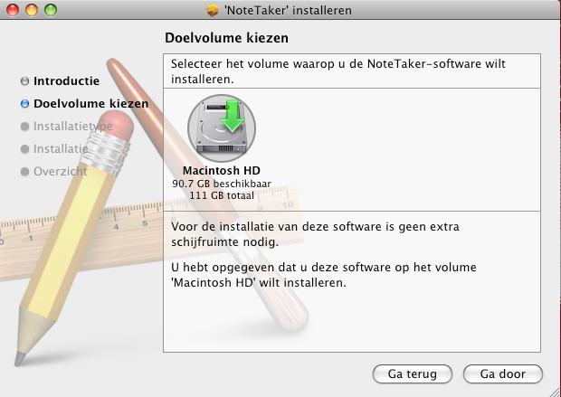 Mac OS Het stuurprogramma installeren op Mac OS. 1. Plaats de installatie-cd in het CD-ROM-station. Het hoofdvenster voor de Note Taker verschijnt en klik op NoteTaker.