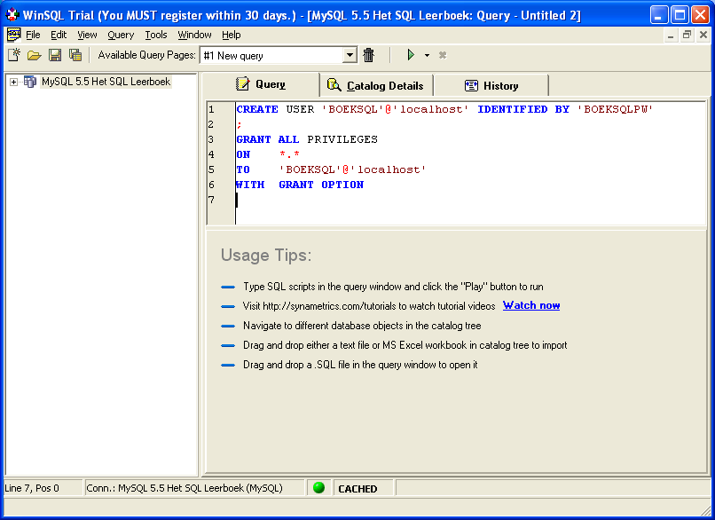 28 Het SQL Leerboek De Installatiegids Februari 2012 GRANT ALL PRIVILEGES ON *.* TO 'BOEKSQL'@'localhost' WITH GRANT OPTION Opmerking: Er staat een puntkammo tussen de twee SQL-instructies.