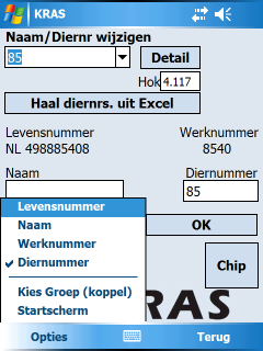 In het scherm links moet u eerst het juiste Excel-bestand met de diernummers aantikken. In dit voorbeeld is er maar 1 bestand b7052504.xls aanwezig.