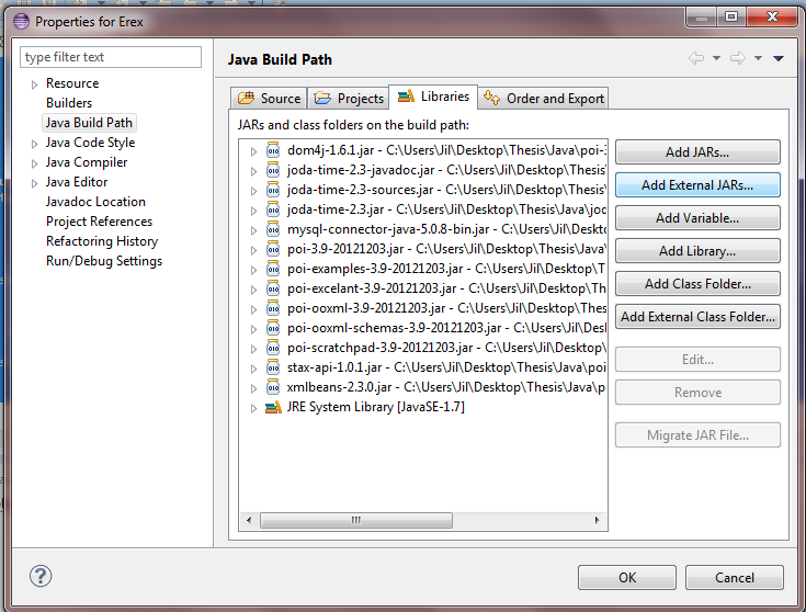 Figuur 106: Toevoegen van External Jars Na deze stap gedaan te hebben, zijn de jars ter beschikking in Java, maar daarom nog niet geïmporteerd in het programma.