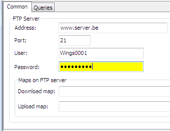 In het tabblad Common kun je algemene gegevens m.b.t. de FTP Server invullen. Het adres van de FTP Server mag ook onder de vorm van een IP-adres opgegeven worden.