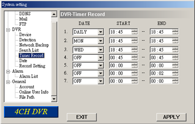 (5) TIMER OPNAME Op de DVR Timer Record, kunt U 7 tijdschema s instellen. Opmerking: Deze instellingen kunnen ook gemaakt worden op de recorder. Raadpleeg 5.