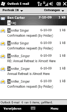 156 Hoofdstuk 7 Berichten uitwisselen Uw e-mailpostvak filteren Als het postvak vol is, kunt u het filteren om alleen de berichten te tonen die een bepaalde afzender of onderwerp bevatten waarnaar u