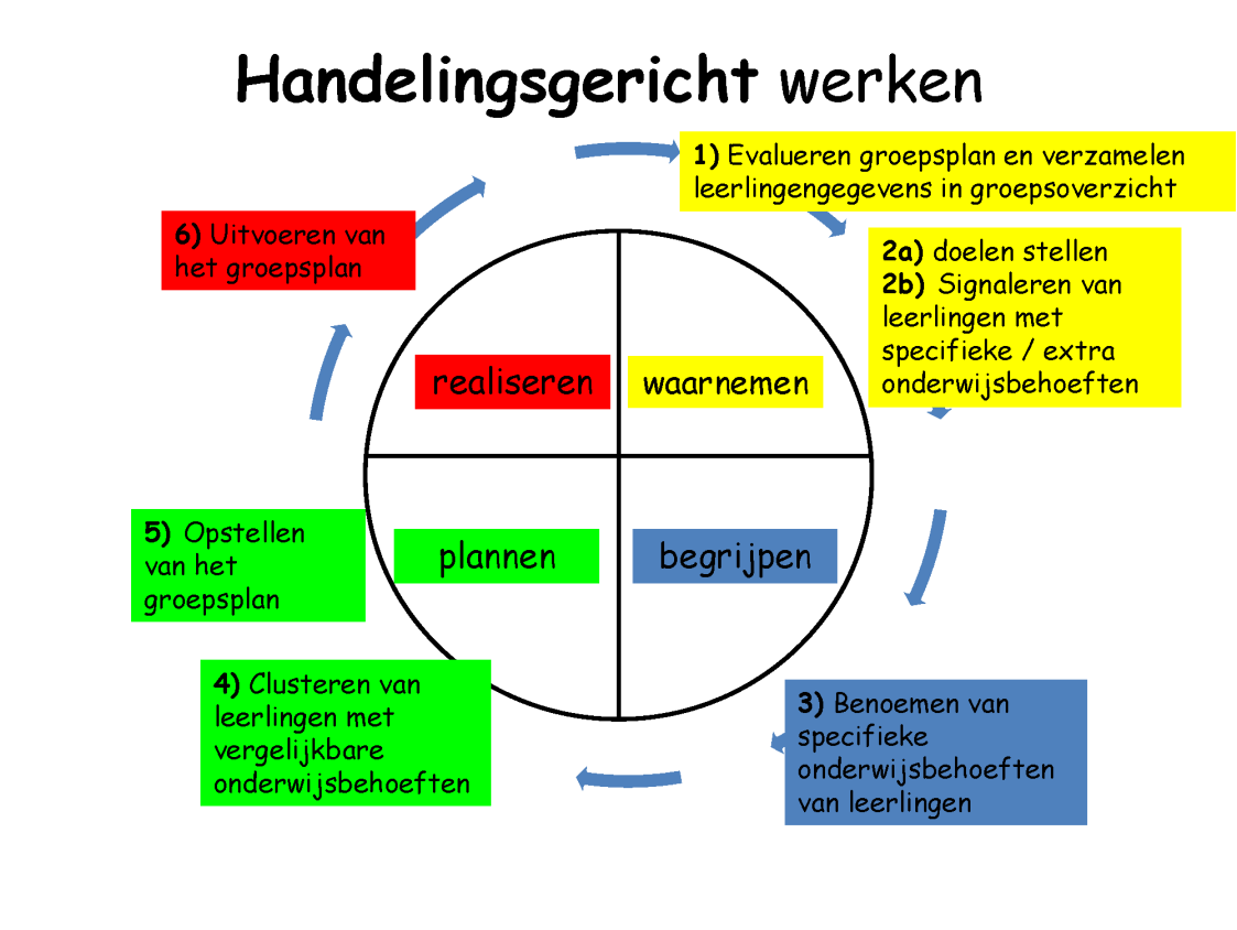 1. Signaleren. Onder andere het signaleren van leerlingen die extra begeleiding nodig hebben. 2. Analyseren. Hieronder valt het benoemen van de onderwijsbehoeften van de leerlingen. 3. Plannen.