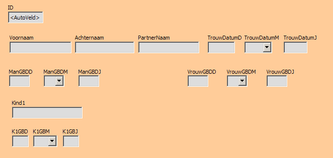 Een nieuwe database maken Afbeelding 20: Informatieformulier 3) Maak de keuzelijsten voor TrouwDatumM, ManGBDM, VrouwGBDM, en K1GBM. a) Ctrl-toets en klik op het veld TrouwDatumM.