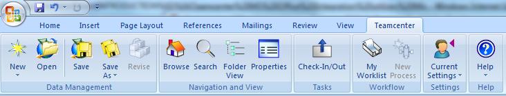 De Teamcenter Client voor Microsoft Office bevat de Teamcenter Ribbon in Microsoft Office 2007 Word, Excel, Powerpoint en Outlook.