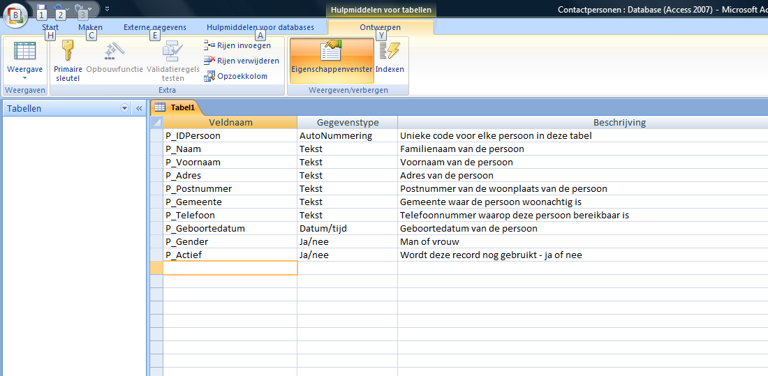 - Elke veldnaam in deze tabel laten we beginnen met P_ gevolgd door de specificatie van de inhoud van het veld.