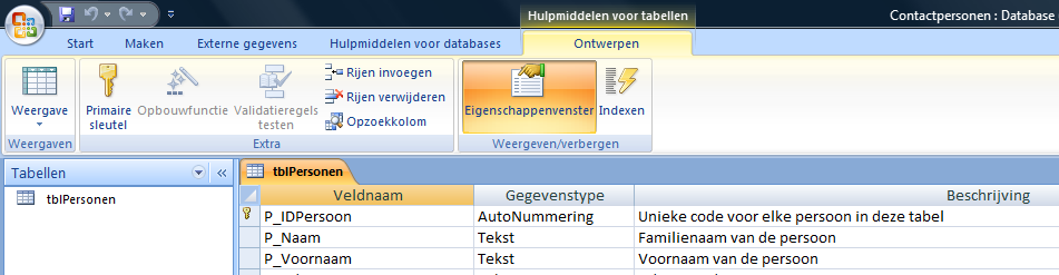 We bewaren deze tabel door op het disketje bovenaan links op de Office Snelbalk te klikken. We bewaren de tabel als tblpersonen. We drukken op <OK> en er komt een volgend berichtvenster.