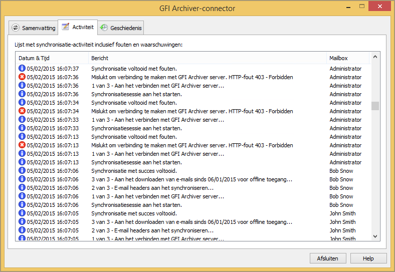 Schermafbeelding 8: Lijst met synchronisatieactiviteiten Standaard worden de laatste 1000 synchronisatieactiviteiten geregistreerd.