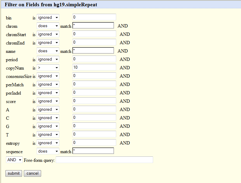 2. Filter: Create Filter on Fields from hg19.simplerepeat CopyNum: > 10 Submit 3.