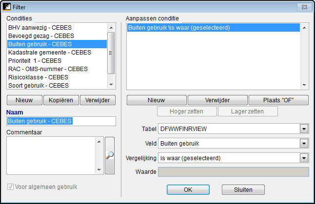 Conditiefilters maken Het is mogelijk om diverse conditiefilters aan te maken zodat alleen de gewenste resultaten worden getoond. Deze selectie per tabel (Bouwwerk, Postcodes, Categorieën, etc.