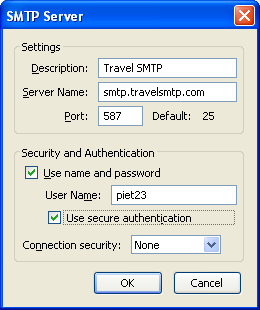 Instructies Eudora OSE Pagina 4 Stap 3: In de SMTP Server window die nu verschijnt, zorg er voor dat u de volgende instellingen ingevuld heeft: Server Name: smtp.travelsmtp.