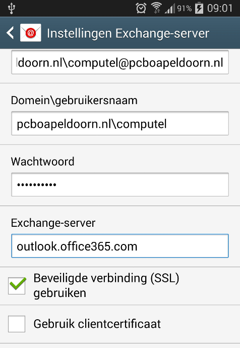 4. In het volgende scherm tik op Microsoft Exchange ActiveSync. 5. In het volgende venster vult u de volgende instellingen in: a. Uw Office 365 e-mailadres (is uw gebruikersnaam) b.