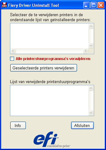 PRINTERSTUURPROGRAMMA S INSTALLEREN 18 Printerstuurprogramma s verwijderen De installatie van alle gebruikerssoftware op een Windows-computer gebeurt via de Fiery User Software Installer.