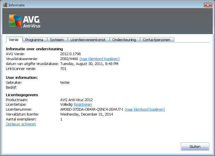 het tabblad Versie is verdeeld in drie secties: Informatie over ondersteuning - Deze sectie biedt informatie over de AVG Anti-Virus 2012 versie, de virusdatabaseversie, de Antispam-databaseversie en