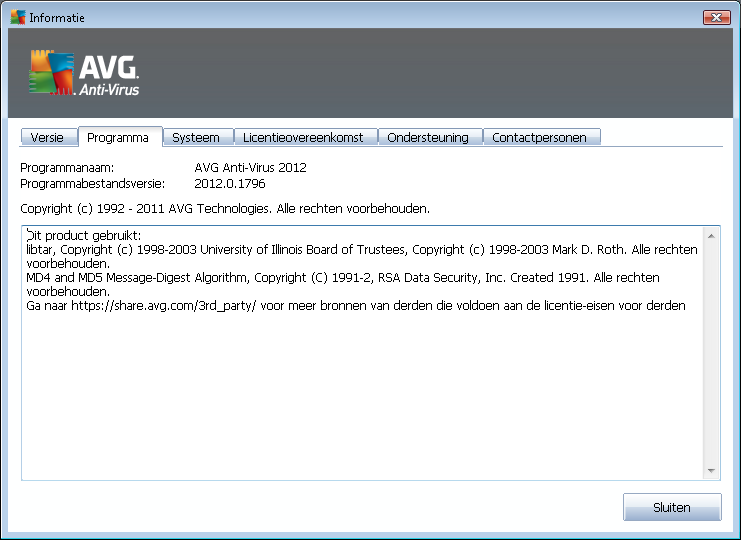 Op het tabblad Programma wordt informatie weergegeven over de versie van het AVG Anti-Virus 2012-programmabestand en over code van derden die in het product wordt gebruikt: Het tabblad Systeem biedt