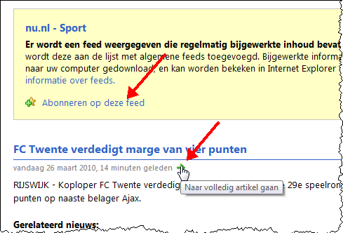 10. Klik op een van de feeds van NU.nl (bijvoorbeeld Sport). Figuur 40.8 a. Onder het gele deel staan verschillende korte (sport) berichten. b. Kik op een nieuwsitem om dit te lezen.