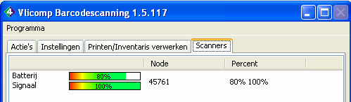 7. tegelijkertijd en daarna De status van de Piccolink scanner Op het tabblad Scanners kunt u van elk Piccolink apparaat de batterijstatus en het zendsignaal controleren.