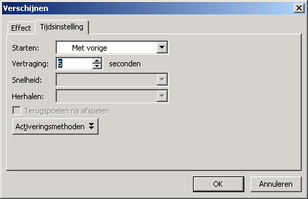 5. Klik op het pijltje naast de animatie en kies Tijdsinstellingen : 6.