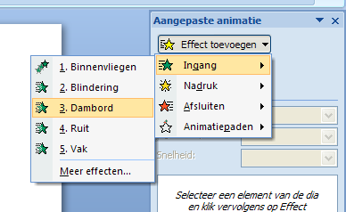 Microsoft POWERPOINT 2007 - module 8: Het tabblad Animaties 1-4 3.2.1 Soorten effecten Je hebt de keuze uit vier soorten effecten: 1. Ingang: een object op je dia laten verschijnen 2.