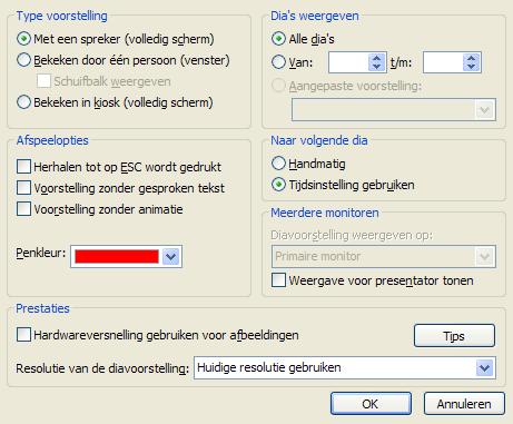 Microsoft POWERPOINT 2007 - module 9: Het tabblad Diavoorstelling 1-3 Stel het type voorstelling in. In principe hoef je deze optie niet te veranderen.