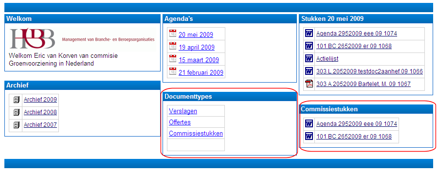 Een ander voorbeeld heeft betrekking op projectgroepen waarbij een set van documenten, in dit geval o.a. agenda stukken, offertes en dergelijke via een eenvoudige web interface aangeboden kunnen worden.