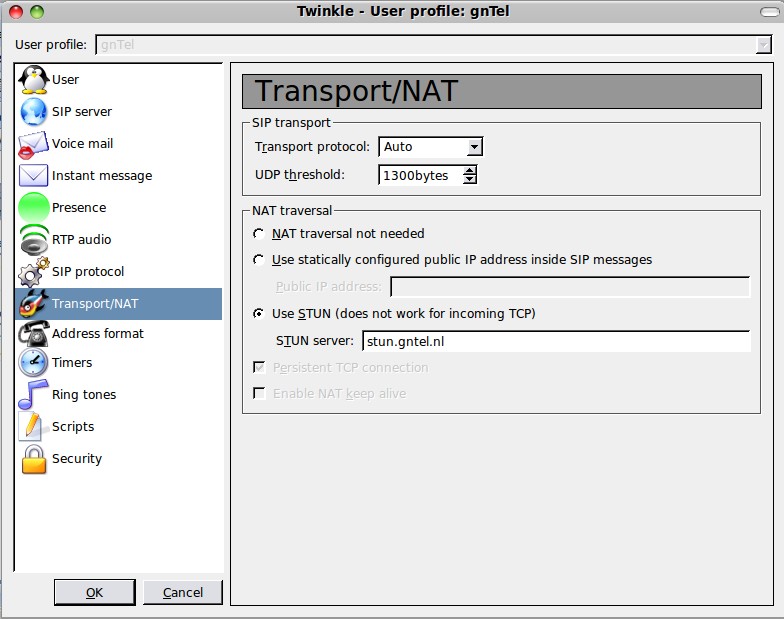 Kies voor het menu-item Transport/NAT.