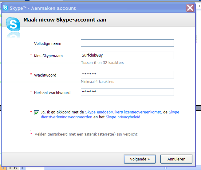 7 - Nu wordt Skype voorlopig gestart met de knop Start Skype rechts onderaan.