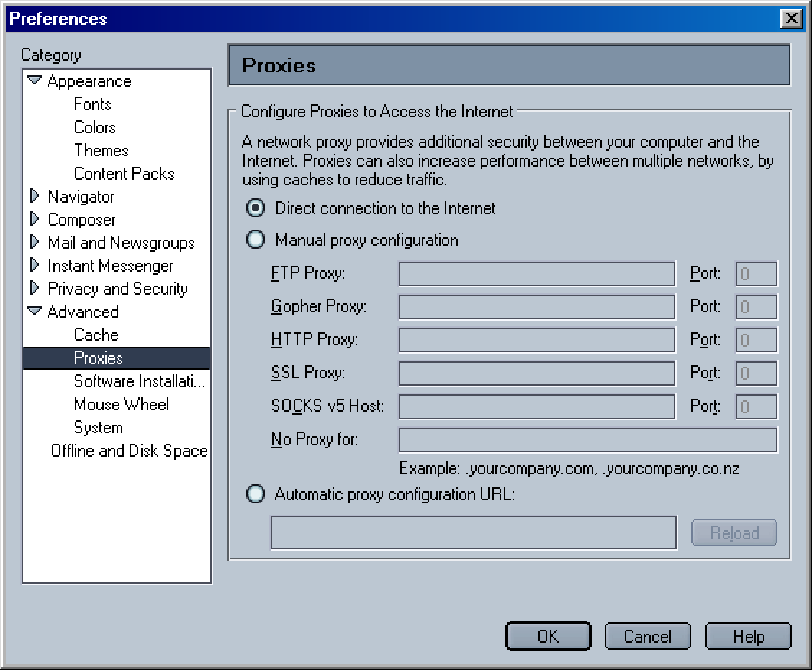 configuratiescript gebruiken) en Use a proxy server (Proxyserver gebruiken). Klik op OK. Klik vervolgens in het venster Internet Options (Internetopties) opnieuw op OK. Netscape Navigator 4.