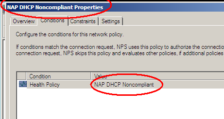 In de properties van DHCP noncompliant kun je zien dat deze leidt tot uitvoering van de Noncompliant health policy.