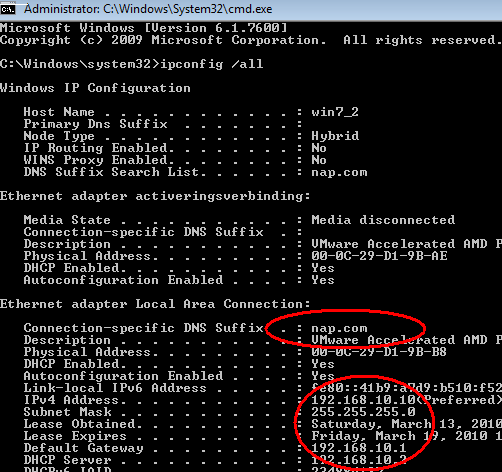 De DHCP server. Installeer op Member_Nap de rol van DHCP server; Richt een scope als volgt in; Parent domain; nap.com Scopename; napscope Start ip 192.