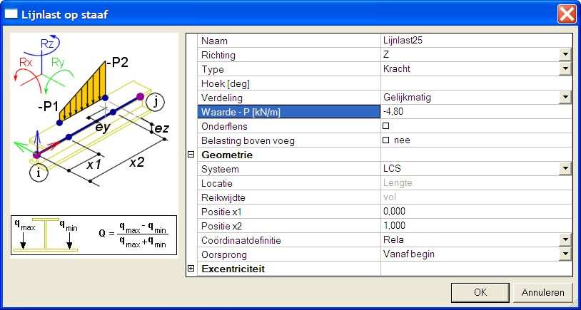 Tutorial Frame Steel Invoeren van een lijnlast 1. Klik op Lijnlast op staaf in het Belasting menu. Het venster Lijnlast op staaf opent: 2. Verander het Type naar Kracht. 3.