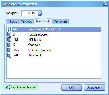 Als u in het nieuwe boekjaar al boekingen heeft verricht in uw financiële dagboeken (Kas/Bank/Giro), dan heeft u bij het afsluiten een extra optie: Hierdoor wordt de beginbalans verrekend met de