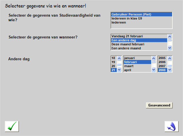 Muiswerk vraagt u eerst in een selectiescherm één leerling aan te wijzen. Wilt u eigenlijk de gegevens van een hele klas zien, wijs dan gewoon één leerling uit die klas aan voorlopig.