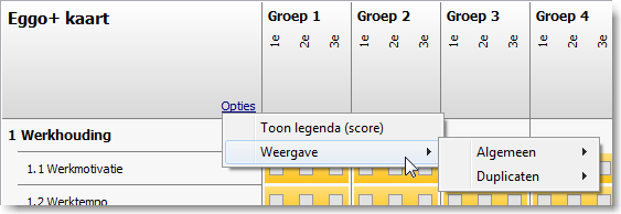 2.6. EGGO-KAARTEN Weergave aanpassen De standaard weergave van de EGGO-kaart toont alle groepen. U kunt de weergave wel aanpassen. 1. Klik linksboven op de tekst Opties. Er verschijnt een popup-menu.