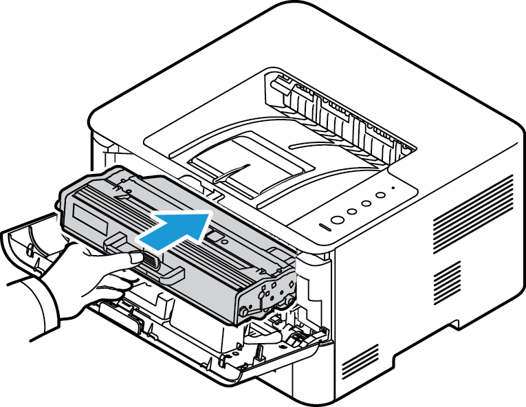 Houd de tonercassette bij de hendel vast en schuif de cassette langzaam in de opening van het apparaat.