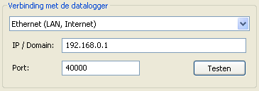 2 Keuze van de verbinding met de datalogger Dataconverter D-LOGG Omdat de D-LOGG geen ethernet-aansluiting heeft, is alleen de seriële poort ter keuze van de COM-aansluitingen vrijgegeven.