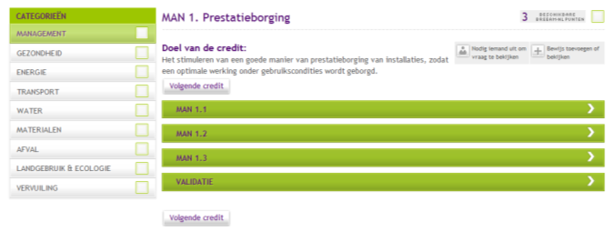 Als u kiest voor een categorie in het menu worden de van toepassing zijnde credits van deze categorie getoond. U komt dan in een scherm zoals hieronder afgebeeld voor de categorie Management.