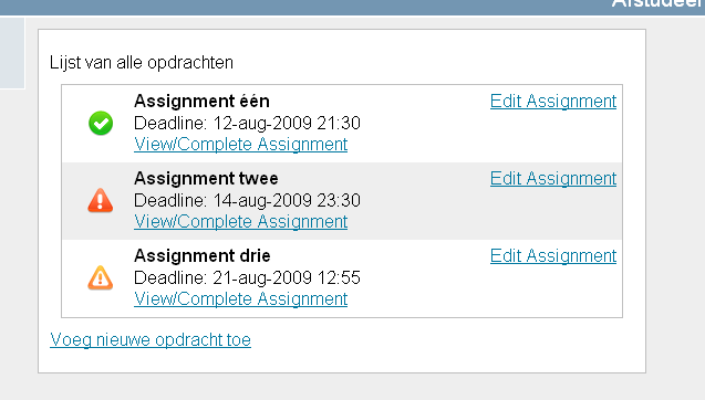 Figuur 5.1: De ListPage geeft een overzicht van alle assignments voor één vak 5.5.1 ListPage Deze pagina geeft een overzicht weer van alle assignments van een cursus (figuur 5.1).