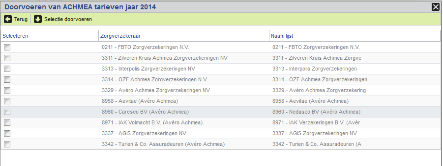 Figuur 16 Selecties doorvoeren U bepaalt zelf voor welke zorgverzekeraars u de gekozen tarieflijst wilt laten gelden. Vink simpelweg de zorgverzekeraar aan waaraan u de lijst wenst toe te voegen.